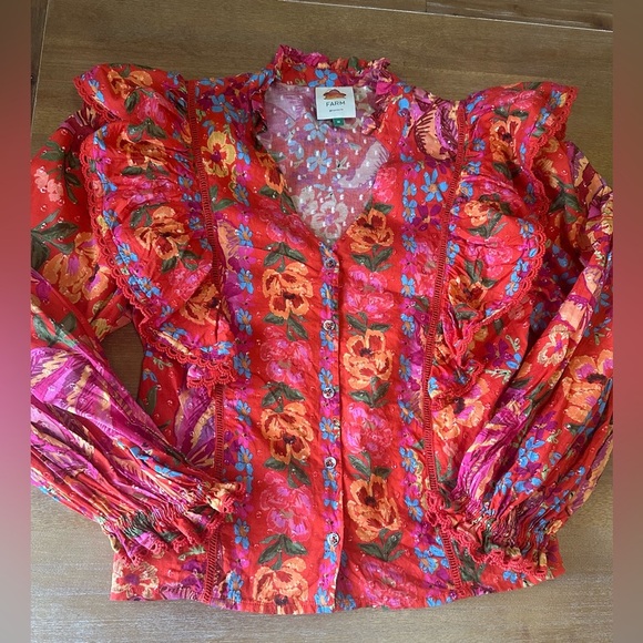 Farm Rio Red Spring Bananas Blouse Medium 100% Cotton - Picture 2 of 12
